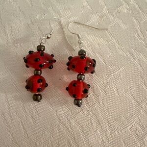 Red and Black Lamp Work Glass Earrings